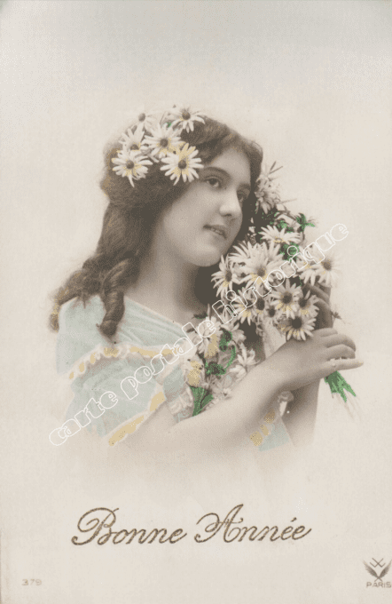 Bonne Année - Femme au bouquet de marguerite - 1912
