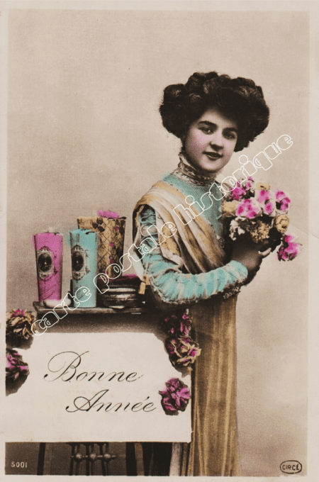 Bonne année - Femme au bouquet - 1910