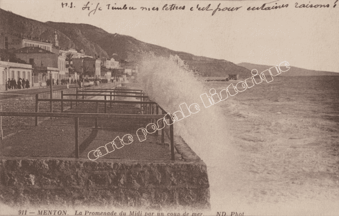 MENTON - La Promenade du Midi par un coup de mer - 1916