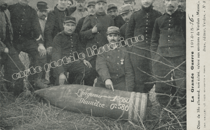 Obus de 380 Allemand, non éclaté,  aux environs de Verdun - 1916